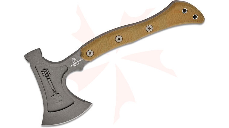 TOPS Knives Hammer Hawk Axe with Backup Knife, 14.5 inch Overall, Tungsten Cerakote Axe Head, Green Canvas Micarta Handles, Brown Leather Sheath