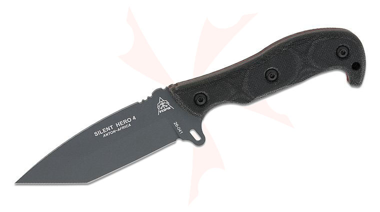 TOPS Knives Silent Hero 4 Fixed Blade Knife 4.25 inch 1095 Sniper Gray Tanto Blade, Black Canvas Micarta Handles, Black Kydex Sheath