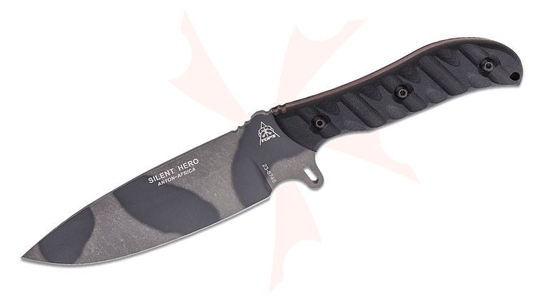 TOPS Knives Silent Hero Fixed 5.75 inch 1095 Sniper Gray Camo Blade, Rocky Mountain Tread Black Micarta Handles, Black Leather Sheath