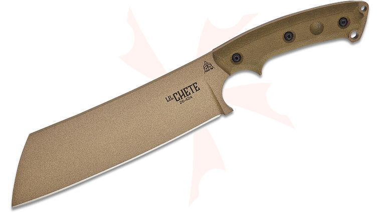 TOPS Knives Lil Chete Fixed Blade Knife 8.38 inch 1095 Coyote Tan Blade, Green Canvas Micarta Handles, Black Kydex Sheath with Dangler Loop