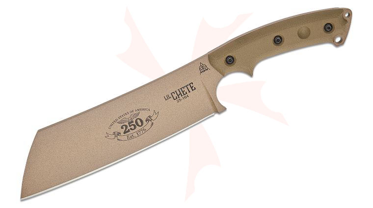 TOPS Knives 250th Anniversary Lil Chete Fixed Blade Knife 8.38 inch 1095 Coyote Tan Blade, Green Canvas Micarta Handles, Black Kydex Sheath with Dangler Loop