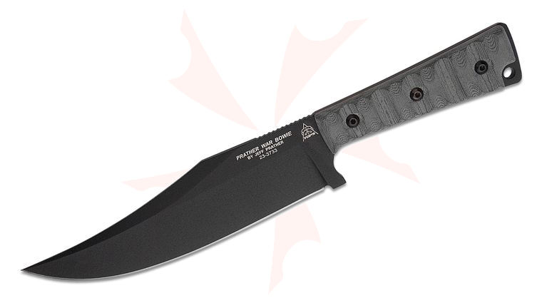 TOPS Knives PW-B01 Prather War Bowie Knife Fixed 7.25 inch Carbon Steel Blade, Black Linen Micarta, Nylon MOLLE Sheath