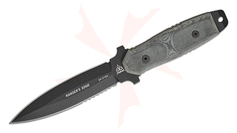 TOPS Knives Ranger's Edge Fixed Blade 5.5 inch 1095 Carbon Black Double-Edge Combo Dagger Blade, Black Linen Micarta Handles, Kydex Sheath