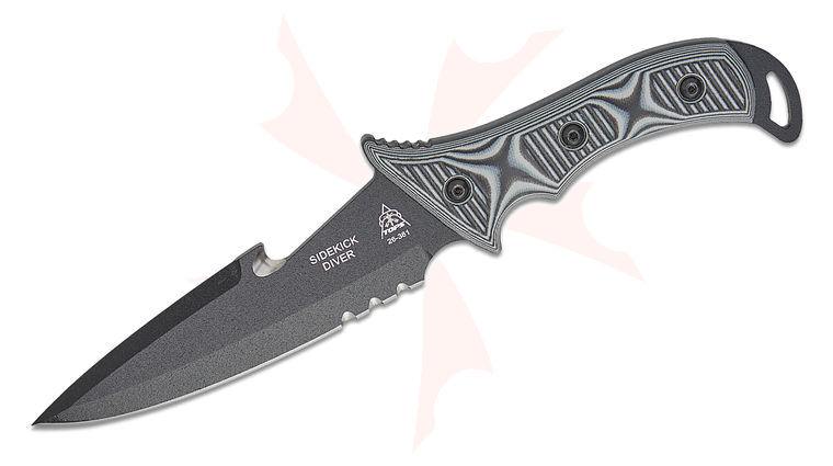 TOPS Knives Sidekick Diver Fixed Blade Knife 5.75 inch N690Co Black Single Edge Combo Spear Point Blade with Line Cutter, Gray/Black G10 Handles, Kydex Sheath