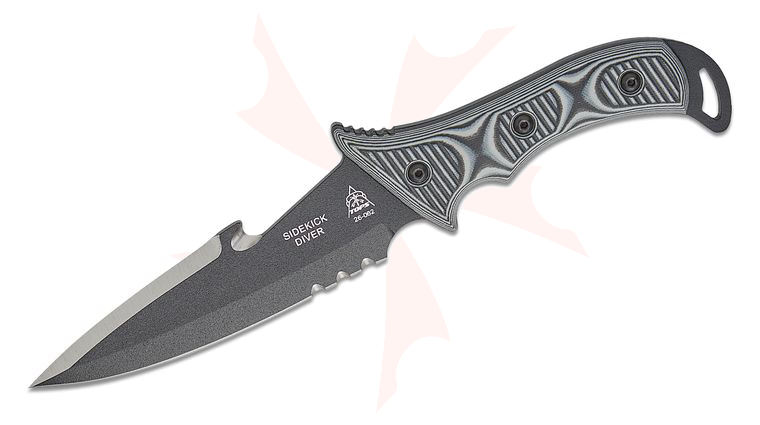TOPS Knives Sidekick Diver Fixed Blade Knife 5.75 inch N690Co Black Double Edge Combo Spear Point Blade with Line Cutter, Gray/Black G10 Handles, Kydex Sheath