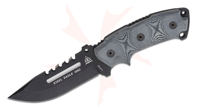 TOPS Knives Steel Eagle 105C Fixed Blade Knife 5.13 inch 1095 Carbon Black Clip Point Blade with Sawback, Black Linen Micarta Handles, Kydex Sheath