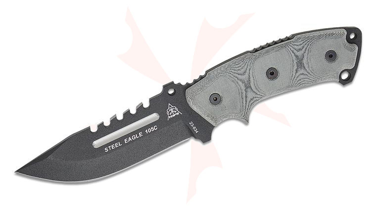 TOPS Knives 250th Anniversary Steel Eagle 105C Fixed Blade Knife 5.13 inch 1095 Carbon Black Clip Point Blade with Sawback, Black Linen Micarta Handles, Kydex Sheath