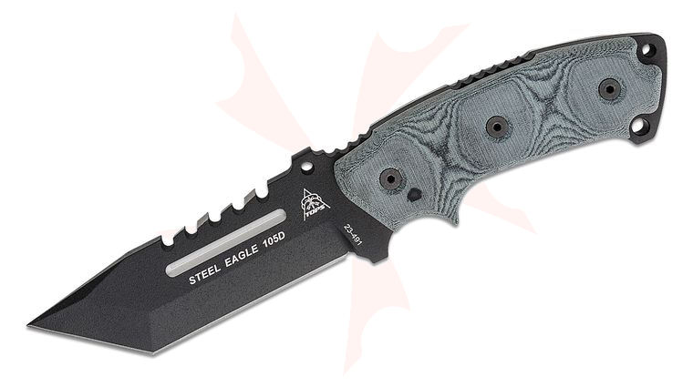 TOPS Knives Steel Eagle 105D Fixed Blade Knife 5.13 inch 1095 Carbon Black Tanto Blade with Sawback, Black Linen Micarta Handles, Kydex Sheath
