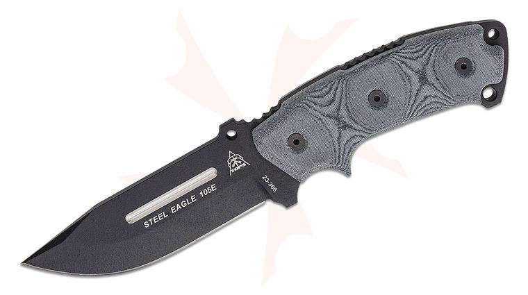 TOPS Knives Steel Eagle 105E Fixed Blade Knife 5.13 inch 1095 Carbon Black Clip Point Blade, Black Linen Micarta Handles, Kydex Sheath