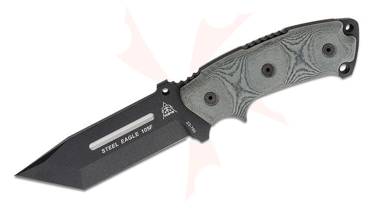 TOPS Knives Steel Eagle 105F Fixed Blade Knife 5.13 inch 1095 Carbon Black Tanto Blade, Black Linen Micarta Handles, Kydex Sheath