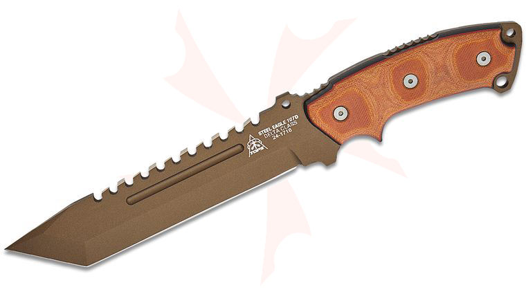 TOPS Knives Steel Eagle 107D Delta Class Fixed 7.63 inch Midnight Bronze Tanto Blade, Tan/Black Micarta Handle, Tan Kydex Sheath