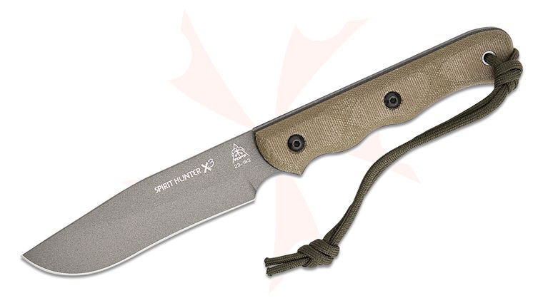 TOPS Knives Spirit Hunter X3 Fixed Blade Knife 4.75 inch 1095 Carbon Tungsten Cerakote Blade, Green Canvas Micarta Handles, Leather Sheath
