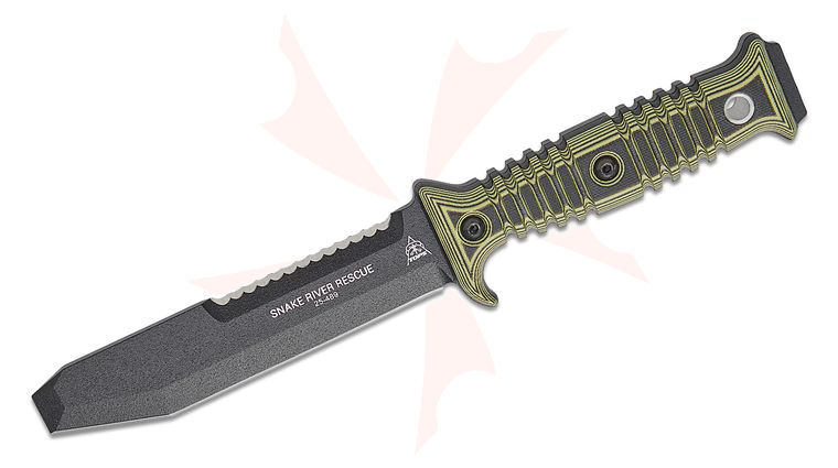 TOPS Knives Snake River Rescue Fixed Blade Knife 5.5 inch N690Co Black Chisel Blade with Saw Back, Black/Yellow G10 Handles, Kydex Sheath