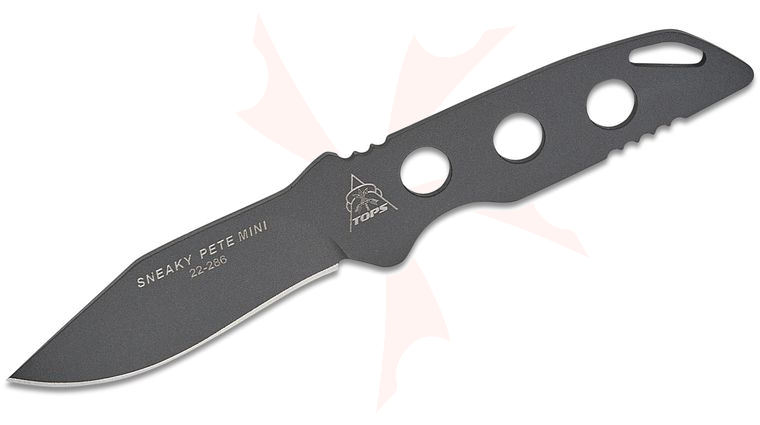 TOPS Knives Sneaky Pete Fixed Neck Knife 2.5 inch 1095 Sniper Gray Recurve Drop Point Blade and Skeletonized Handle, Black Kydex Sheath