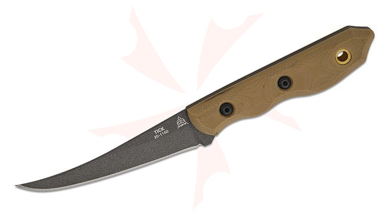 TOPS Knives Tick Fixed Blade Knife 3 inch 1095 Tungsten Cerakote Upswept Blade, Tan G10 Handles, Kydex Sheath