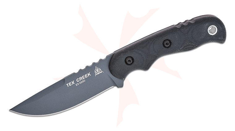 TOPS Knives Tex Creek Hunter Fixed 4.125 inch 1095 Carbon Sniper Gray Drop Point Blade, Micarta Handle, Leather Sheath