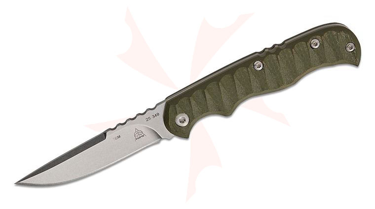 TOPS Knives Tex Creek Slipjoint Folding Knife 2.38 inch M390 Stonewashed Clip Point Blade, Milled OD Green G10 Handles, Leather Pocket Sheath