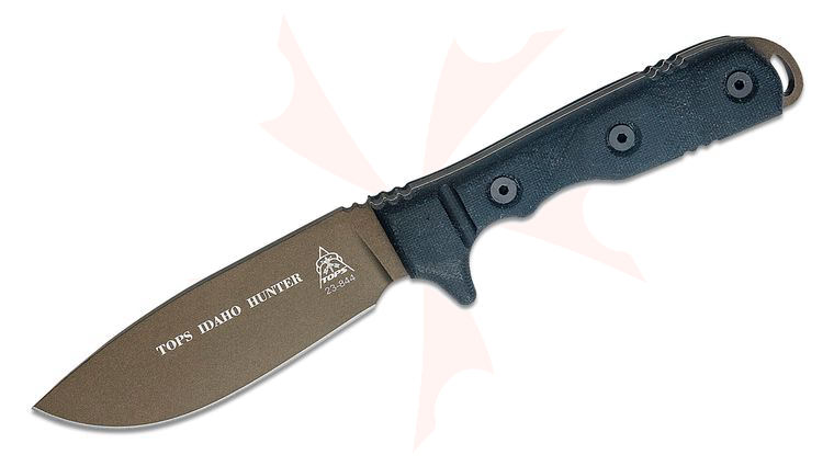 TOPS Knives Idaho Hunter Fixed 4.75 inch 1095 Midnight Bronze Drop Point Blade, Black Micarta Handles, Kydex Sheath