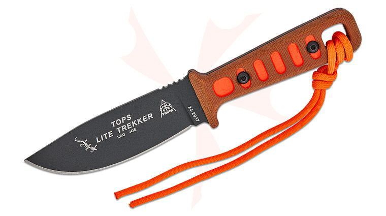 TOPS Knives Lite Trekker Fixed Blade Knife 4.5 inch 1095 Black Traction Coated Drop Point Blade, Tan Canvas Micarta Handles with Hunter's Orange Inlays (TLT-01-HO)