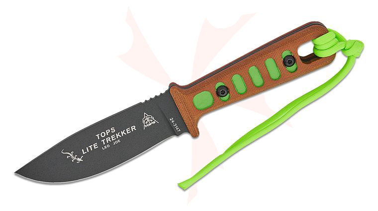 TOPS Knives Lite Trekker Fixed 4.25 inch 1095 Black Traction Coated Clip Point Blade, Tan Canvas Micarta Handles with Survival Green Inlays (TLT-01-SG)
