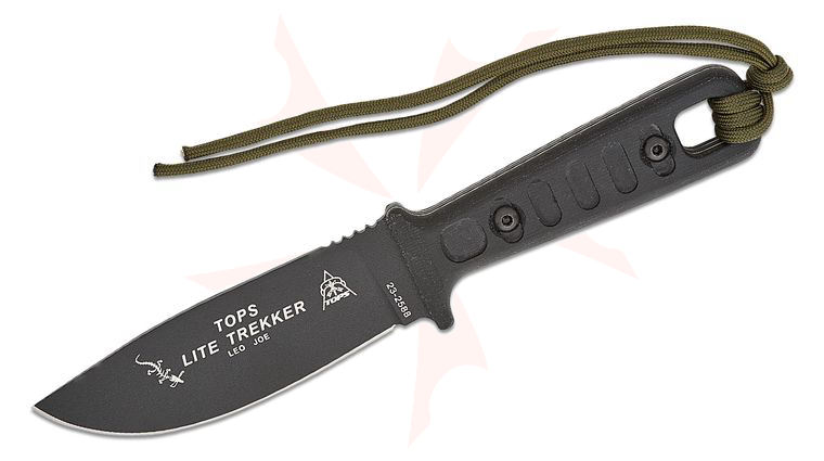 TOPS Knives Lite Trekker Fixed Blade Knife 4.25 inch 1095 Black Drop Point Blade, Black Micarta Handles with Black Inlays, Kydex Sheath