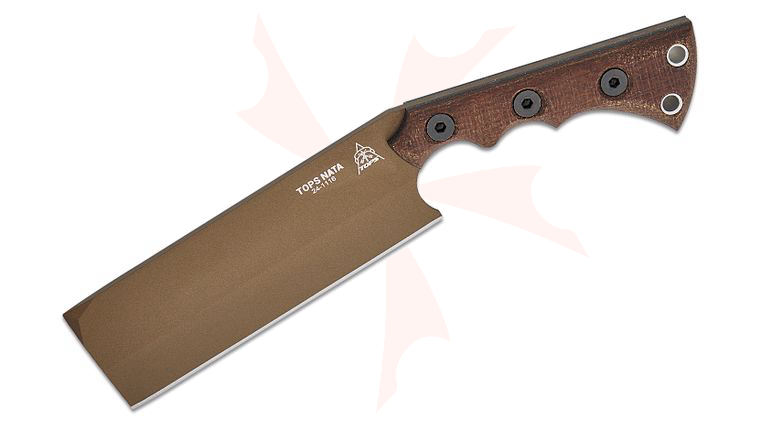 TOPS Knives Nata Fixed Blade Knife 6.5 inch 1095 Carbon Steel Midnight Bronze Cleaver Blade, Brown Burlap Micarta Handles, Chocolate Leather Sheath