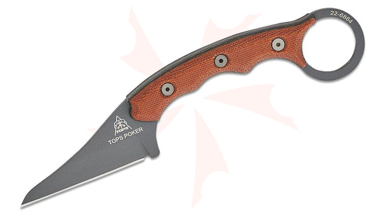 TOPS Knives Poker Fixed Blade Knife 2.5 inch Sniper Gray Wharncliffe Blade, Tan/Black Canvas Micarta Handles, Kydex Sheath