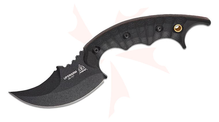 TOPS Knives Upswarm Fixed Blade Knife 3 inch Black Upswept Single Edge Blade, Black Canvas Micarta Handles, Kydex Sheath