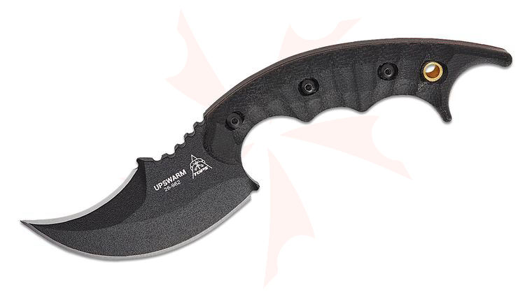 TOPS Knives Upswarm Fixed Blade Knife 3 inch Black Upswept Double Edge Blade, Black Canvas Micarta Handles, Kydex Sheath