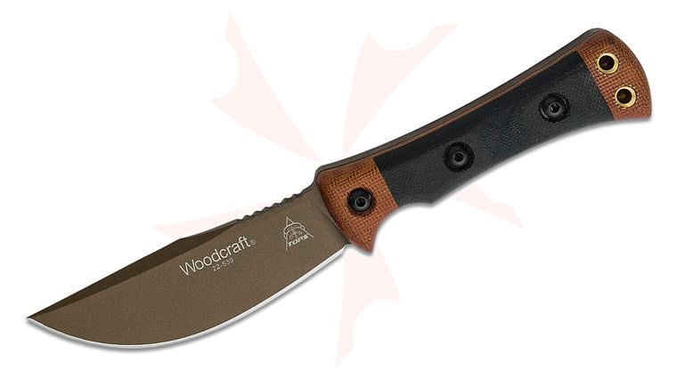 TOPS Knives Woodcraft Fixed Blade Knife 4.38 inch 1095 Midnight Bronze Trailing Point Blade, Black Canvas Micarta Handles with Brown Micarta Bolsters, Leather Belt Sheath