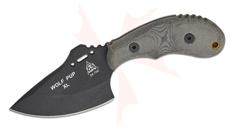 TOPS Knives Wolf Pup XL Fixed Blade 3.5 inch 1095 Carbon Black Drop Point Blade, Black Linen Micarta Handles, Kydex Sheath