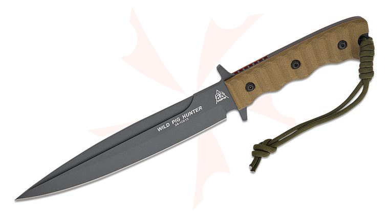 TOPS Knives Wild Pig Hunter Fixed Blade Knife 8 inch 1095 Carbon Sniper Gray Spear Point Blade, Green Rocky Mountain Tread Micarta Handles, Leather Sheath