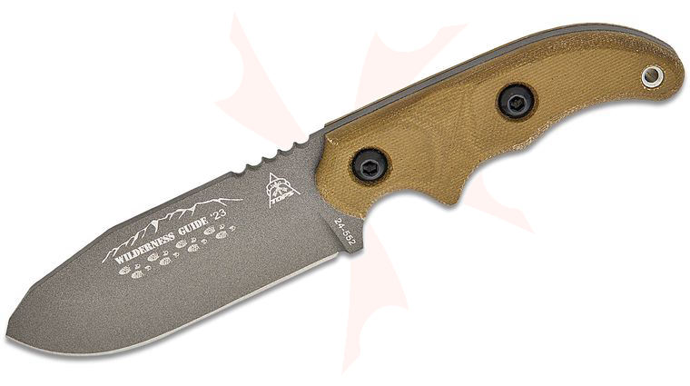 TOPS Knives Wilderness Guide '23 Fixed Blade Knife 4.25 inch 1095 Carbon Tungsten Cerakote Clipped Drop Point Blade, Green Canvas Micarta Handles, OD Green Kydex Sheath