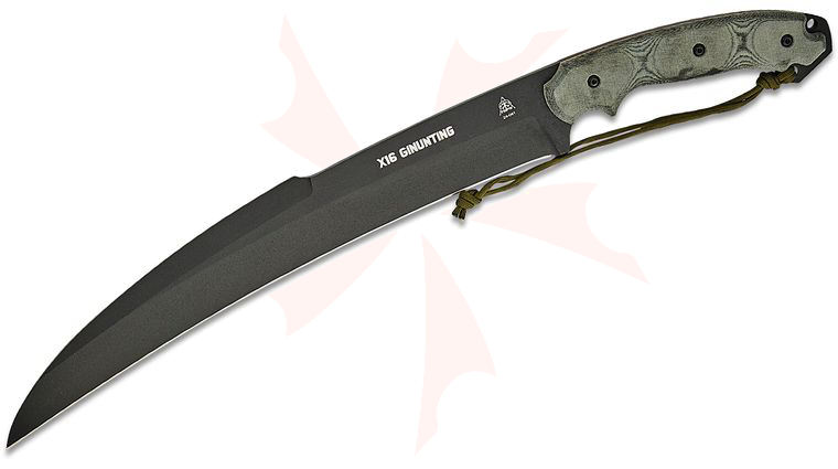 TOPS Knives X16 Ginunting Fixed Blade Machete 15.75 inch 1095 Carbon Black Traction Coated Hawkbill Blade, Black Linen Micarta Handles, Kydex Sheath