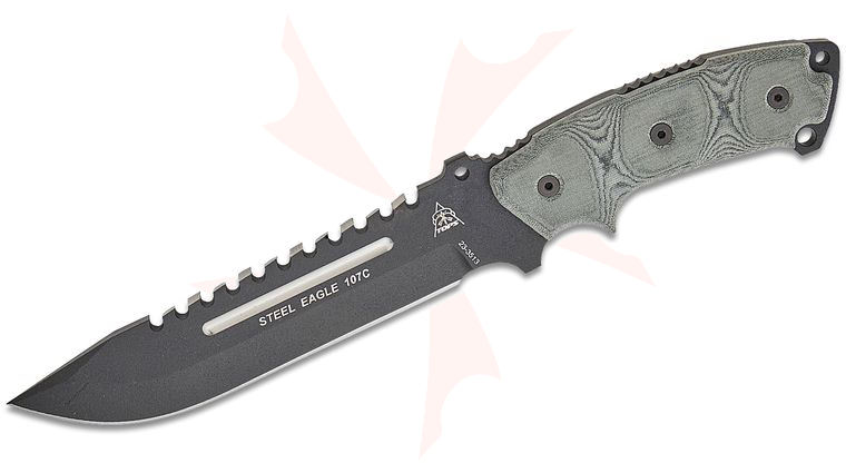 TOPS Knives Steel Eagle 107C Delta Class Fixed Blade Knife 7.63 inch Black Traction Coat Hunter's Point Sawback Blade, Black Linen Micarta Handle, Kydex Sheath
