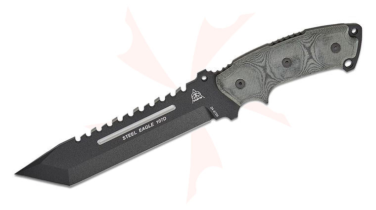 TOPS Knives Steel Eagle Fixed Blade 7 inch 1095 Carbon Black Tanto Blade, Black Linen Micarta Handle, Nylon Sheath