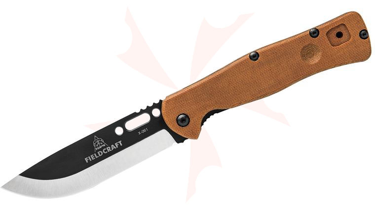 TOPS Knives Fieldcraft Folding Knife 4.38 inch Two-Tone Plain Blade, Tan Micarta Handles, Brown Leather Sheath