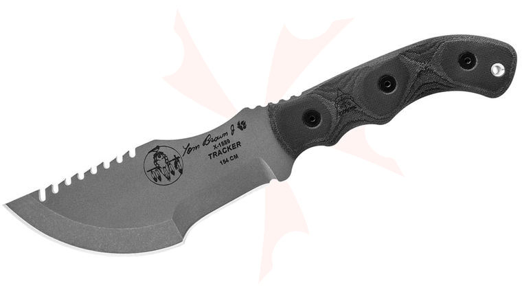 TOPS Knives Tom Brown Tracker #3 Fixed Blade Knife 5.75 inch Stonewashed Sawback Recurve, Black Linen Micarta Handles, Kydex Sheath