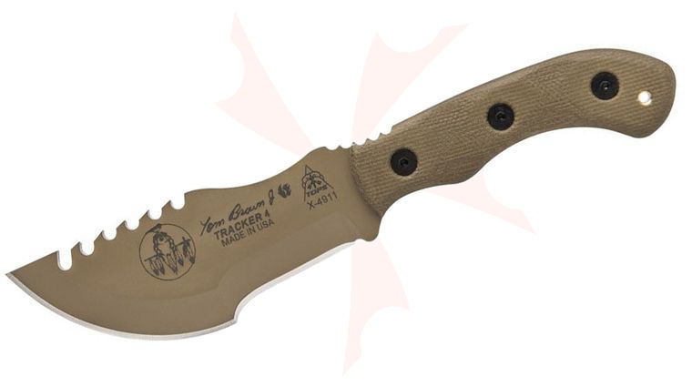 TOPS Knives Mini Tom Brown Tracker #4 Fixed Blade Knife 3.5 inch Coyote Tan 1095 Sawback, Green Canvas Micarta Handles, Kydex Sheath