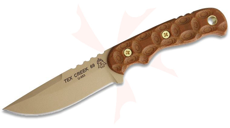 TOPS Knives Tex Creek 69 Fixed 4.19 inch 1095 Carbon Drop Point Blade, Tan Micarta Handles, Leather Sheath