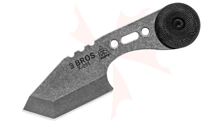 TOPS Knives 3 Bros Neck Knife 2 inch Stonewash Finish 1095 Carbon Steel Tanto Blade, Black Micarta Handles, Kydex Sheath