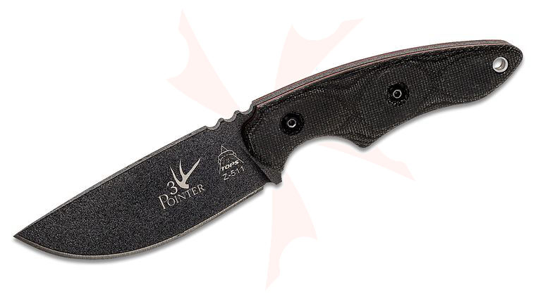 TOPS Knives 3 Pointer Fixed Blade Knife 3.13 inch 1095 Black Drop Point, Black Micarta Handles, Kydex Sheath