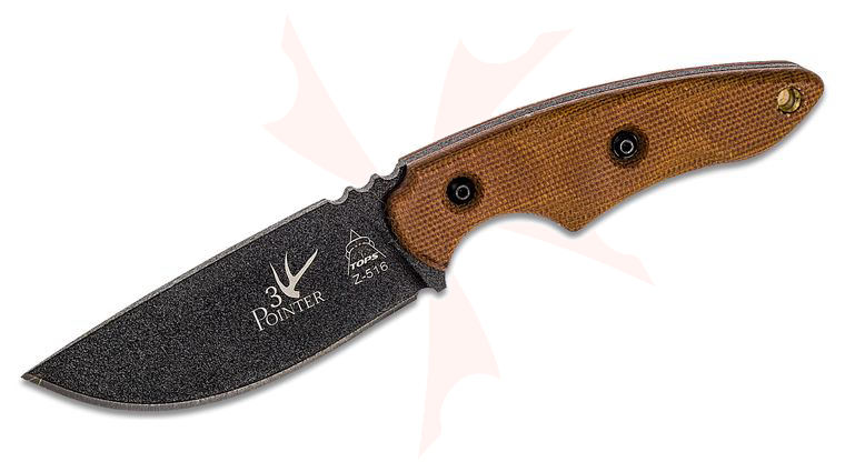 TOPS Knives 3 Pointer Fixed Blade Knife 3.13 inch 1095 Black Drop Point, Tan Micarta Handles, Kydex Sheath