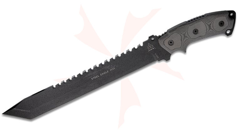 TOPS Knives Steel Eagle 111A Fixed Blade 11 inch 1095 Carbon Black Tanto Blade, Black Linen Micarta Handle, Nylon Sheath