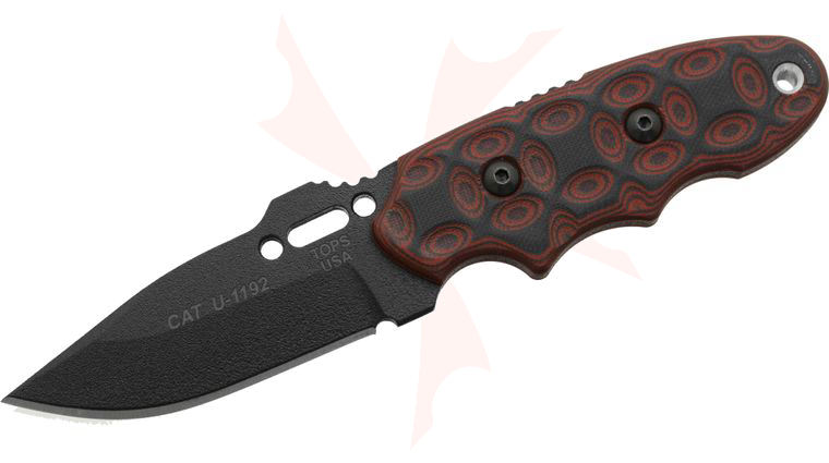 TOPS Knives CAT Covert Anti-Terrorism 3.25 inch 1095 Drop Point Blade, Rocky Mountain Bull's-Eye G10 Handles, Kydex Sheath