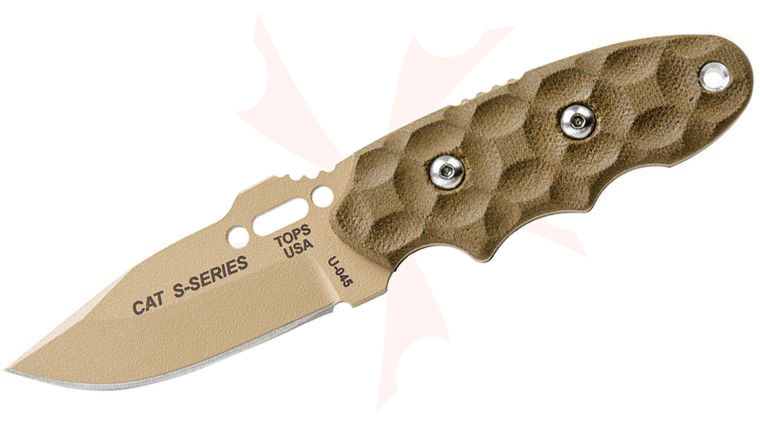TOPS Knives CAT Covert Anti-Terrorism S Series 3.25 inch 1095 Drop Point Blade, Rocky Mountain Bull's-Eye G10 Handles, Kydex Sheath