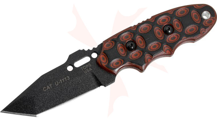 TOPS Knives CAT Covert Anti-Terrorism 3.25 inch 1095 Tanto Blade, Rocky Mountain Bull's-Eye G10 Handles, Kydex Sheath