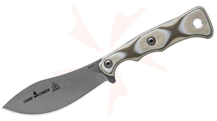 TOPS Knives Camp Creek Fixed Blade Hunter 4.38 inch S35VN Tumbleed Finish Blade, Camo G10 Handles, Coyote Tan Kydex Sheath