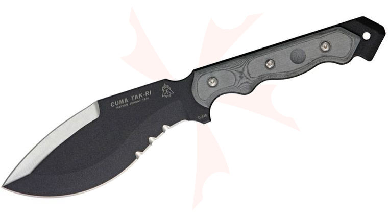 TOPS Knives CUMA TAK-RI 2 Fixed 7 inch 1095 Double Edge Combo Blade, Micarta Handles, Nylon Sheath