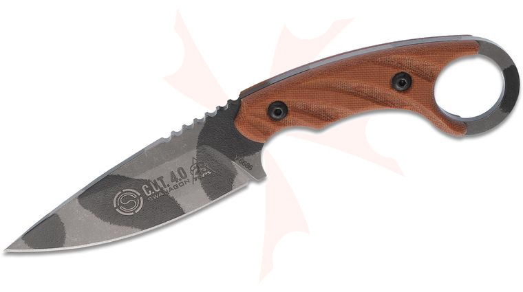 TOPS Knives C.U.T. 4.0 Fixed 4.25 inch Black/Gray Camo Carbon Steel Blade, Tan Canvas Micarta Handles, Kydex Sheath